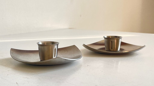 Vintage brushed metal geometric candlesticks