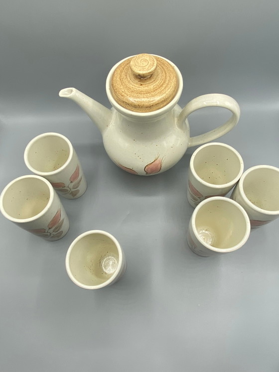 Salins France aardewerk koffieservies – koffiepot en 6 kopjes – roze bloemendesign – Cork (photo 5 of 12)