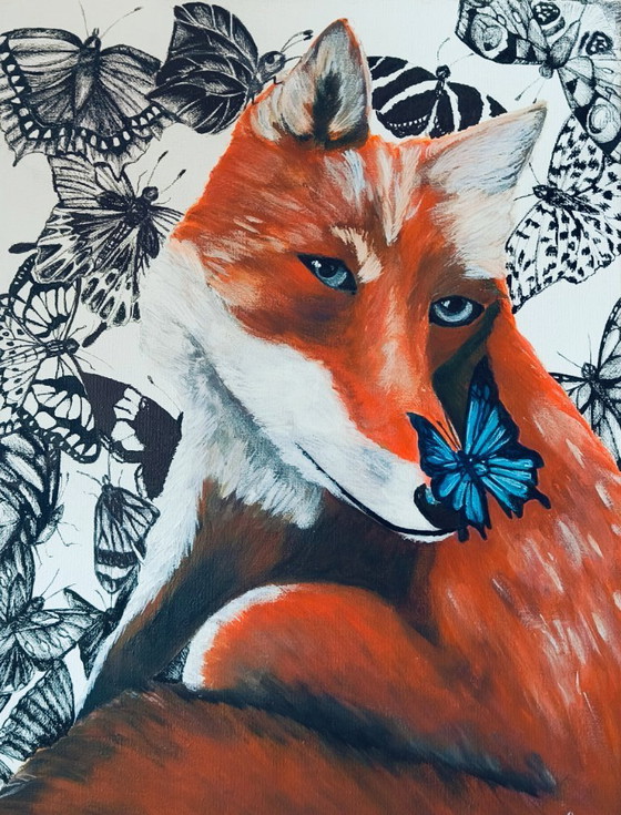 Image 1 of Origineel schilderij op canvas: 'Silent Serenade'. Vos met vlinders. 30*40cm