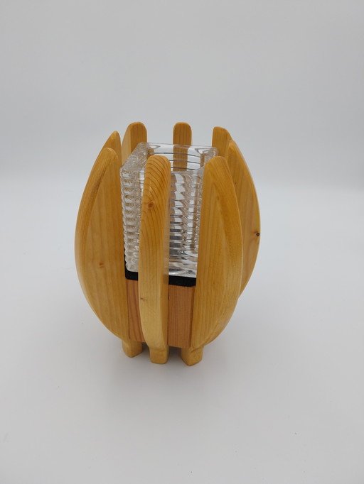 1 x Swedish pine candlestick with glass insert. 1970's
