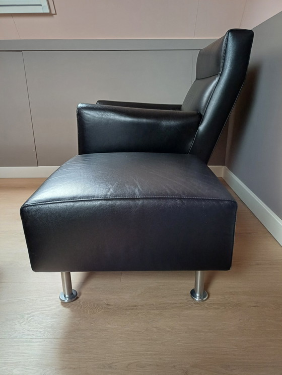 Image 1 of Leolux Rooby, Black Leather Armchair with Poof