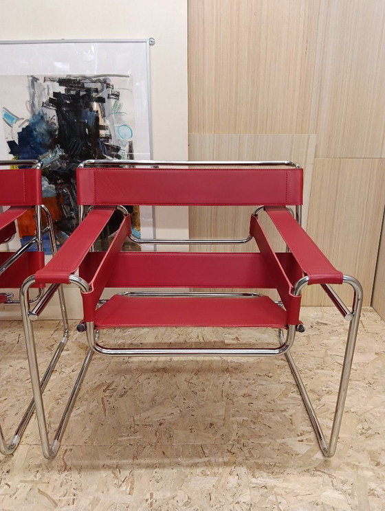 Image 1 of KNOLL Studio Set van 2 WASSILY B3 fauteuils (NIEUW) in rood leer