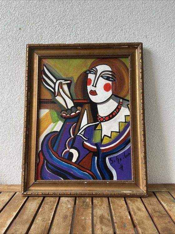 Image 1 of VINTAGE Portrait de style Hugó Scheiber | EXPRESSIONNISTE Cubisme Femme Peinture à l'huile Signée SCHREIBER H