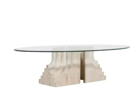Sculpturale glazen en travertijnen salontafel