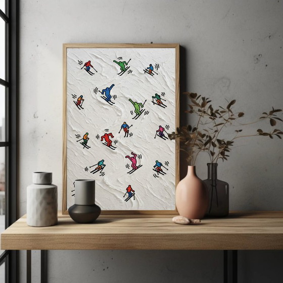 Schilderij met skiërs, veelkleurig, Schilderijen & Tekeningen, Papier, Meerdere kleuren, Modern (foto 2 van 6)