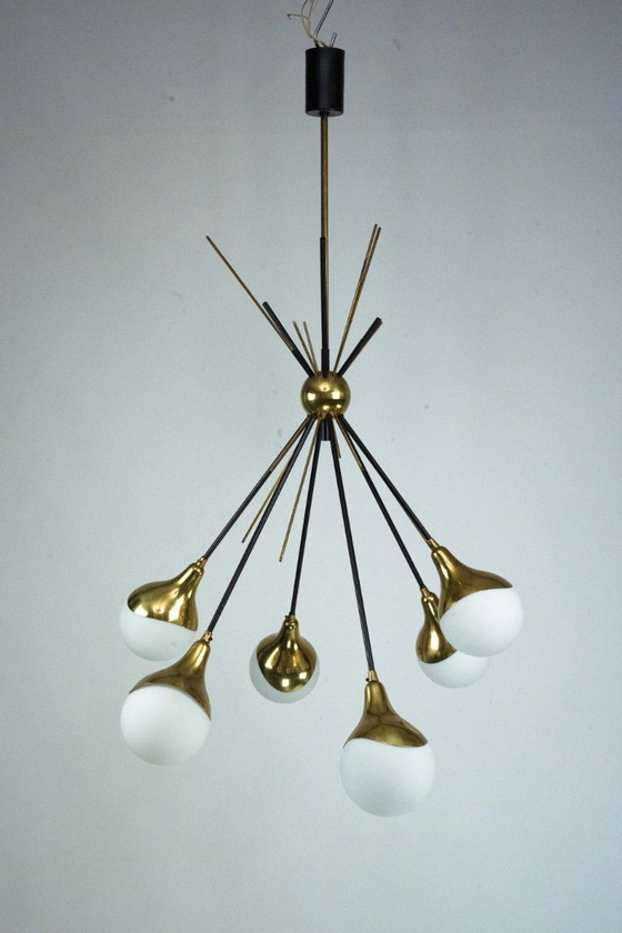 Image 1 of Mid-Century Italian 6-Arm Stilnovo Brass and opaline Glass Chandelier, 1950s