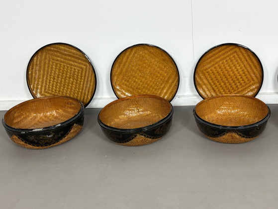Image 1 of Set of 6 Nesting Boxes in Woven Bamboo and Polychrome Lacquer – Indochina Mid-20th Century