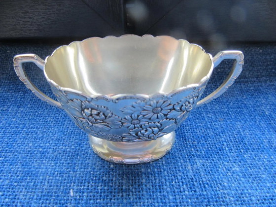Image 1 of Silver plated Set of milk jug / creamer & sugar bowl, signed TK, vintage