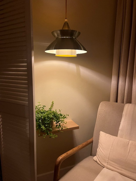 Image 1 of Suspension vintage danoise chromée/ocre - Lampe de style Doo Wop