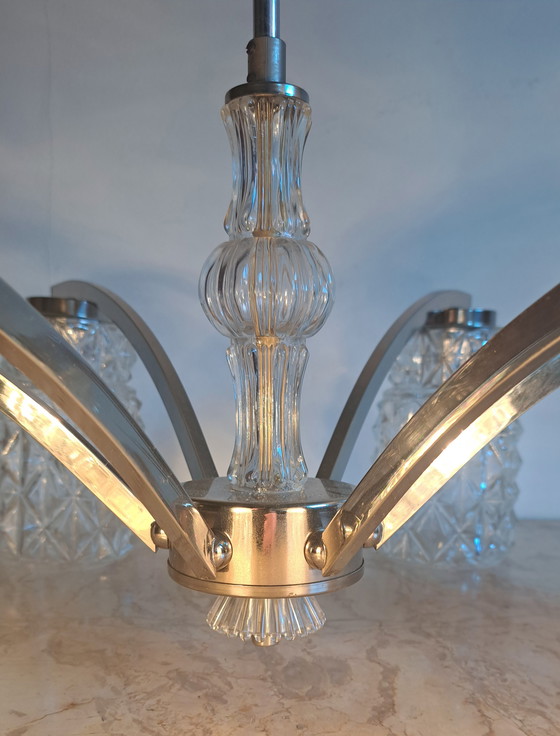 Image 1 of Lampadario vintage a 6 bracci in vetro e metallo, lampada a sospensione con attacco normale