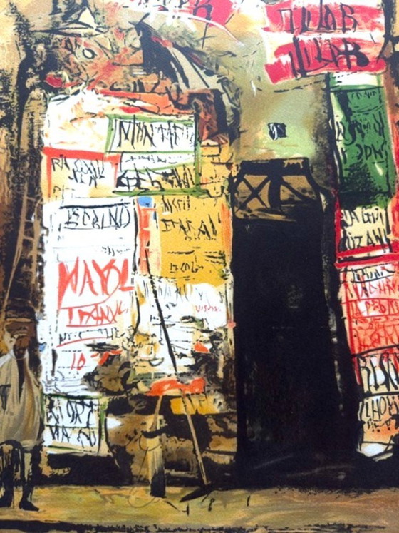 Image 1 of Litografia originale "Composizione con manifesti e graffiti" - Scuola francese del XX secolo