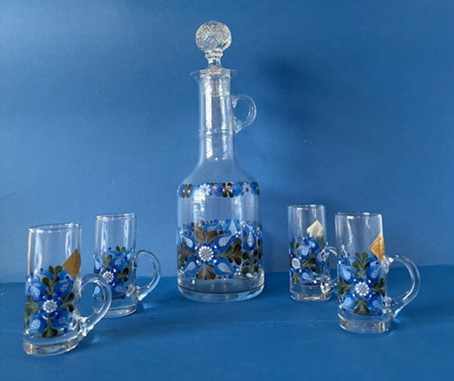 Unique hand-painted crystal carafe with 4 glasses, vintage