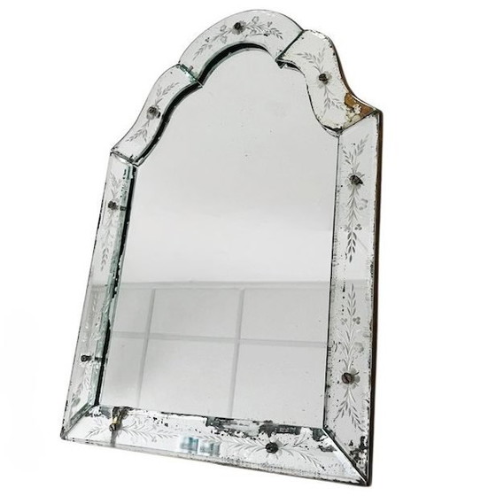 Image 1 of Antieke Venetiaanse tafelspiegel geëtst glas bloemen spiegeltje 1900's