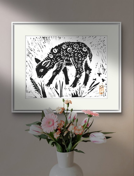 Image 1 of Stampa Linocut della pecora nera: Arte fatta a mano in edizione limitata A4