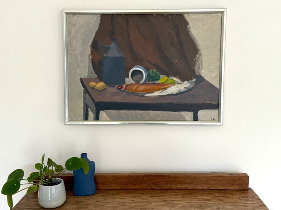 Image 1 of Nature morte moderniste du milieu du siècle « Fresh Catch », peinture à l'huile de Tage E. Nilsson (1918-2016)