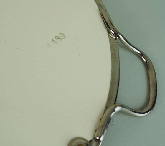 Image 1 of art nouveau art déco CAKE PLATTER cake plate ceramic and metal plum decor