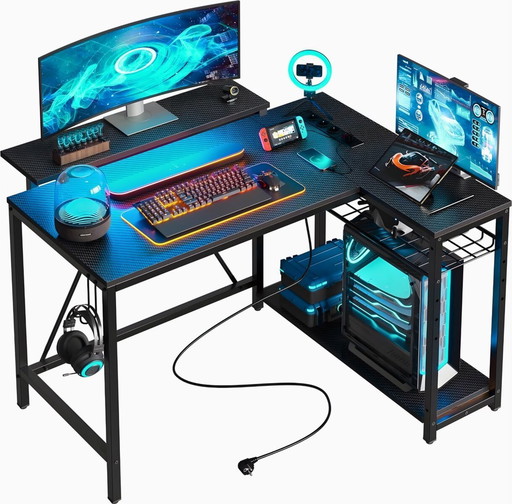 Five Stars® L-förmiger Spieltisch - 107x80x76 cm - Spieltisch mit LED-Beleuchtung - Black Carbon - Eckschreibtisch
