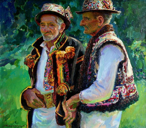 Original Figurative Oil Painting Tradition Two Hutsuls