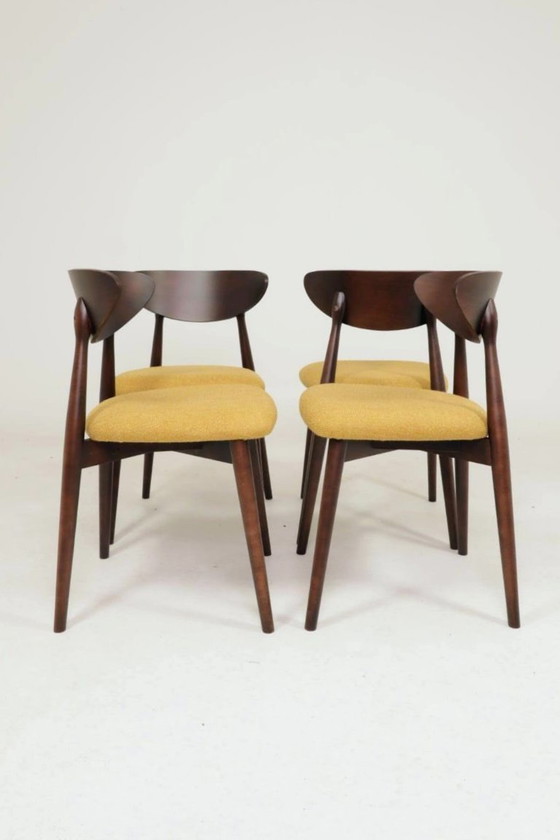 Image 1 of Set moderno di 4 sedie da pranzo, in bouclé color ocra e legno di faggio noce scuro.