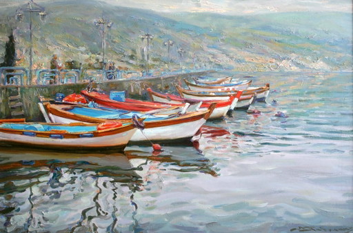 Pittura a olio originale Paesaggio marino Montagne Argine della città Sul molo