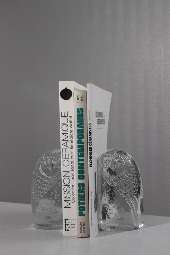 Image 1 of Coppia di grandi fermalibri vintage in vetro stampato a forma di gufi