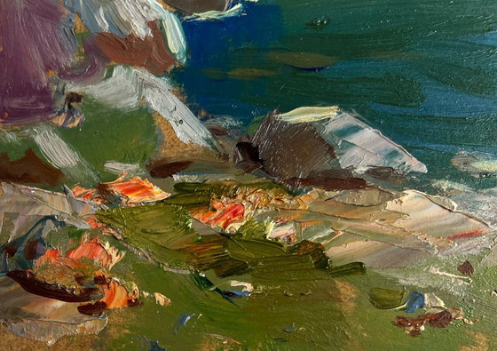 Image 1 of Original Oil Painting Coastal Rock Landscape Sea breeze on the shore