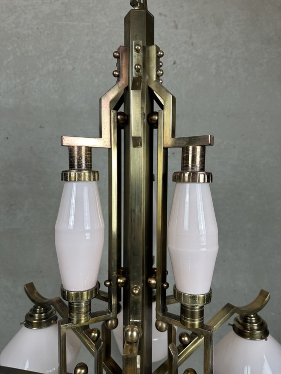 Image 1 of Art Deco chandelier - opaline and brass