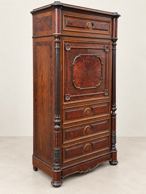 Secretaire con ribalta Napoleone III del XIX secolo in noce e acero, Cassettiere, Legno, Marrone (foto 8 di 11)