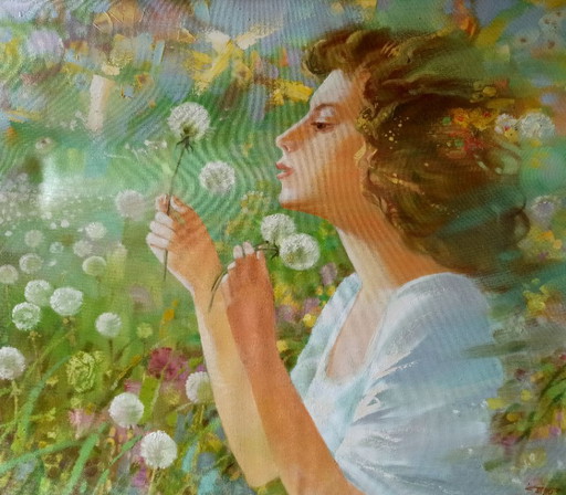 Original Oil Painting Abstract Figurative Girl Meadow Dandelions – schilderijen tekeningen, Canvas