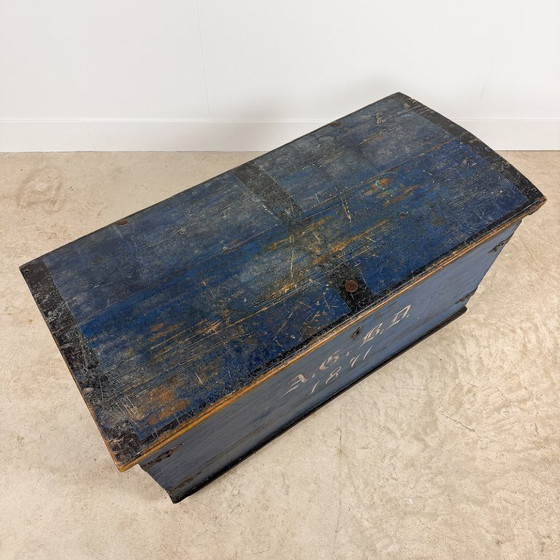 Baule antico dipinto di blu del 1871, Armadi contenitori, Legno, Metallo, Vintage (foto 2 di 15)