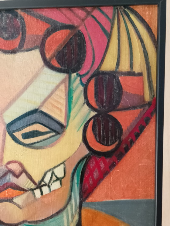 Image 1 of Anatomisch kubistisch portret: Kaptafel met krulspelden, olieverf op linnen doek, gesigneerd Calezis, circa 1955