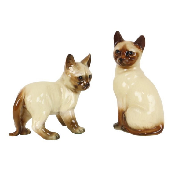Koppel Beeldjes Siamese Kat Geglazuurd Keramiek Japan – Beeldhouwkunst, Ceramic (photo 9 of 13)
