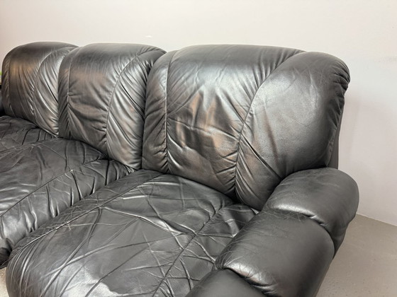 Image 1 of Beautiful Big Black Leather Postmodern Italian Design Space Age 3-Seat Lounge Sofa with Brass Buttons and Playful Cord Lacing