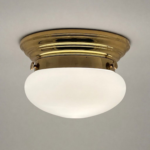 Vintage Deckenlampe Art Déco / Bauhaus – Opalglas – 2x E27 – Mid Century – plafondlampen, Metal