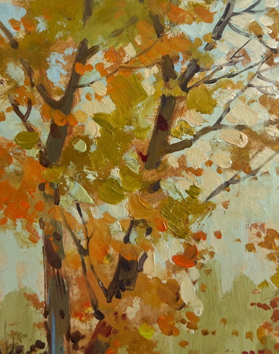 Image 1 of Origineel olieverfschilderij: Herfstboslandschap met gevallen bladeren in een herfstpark.