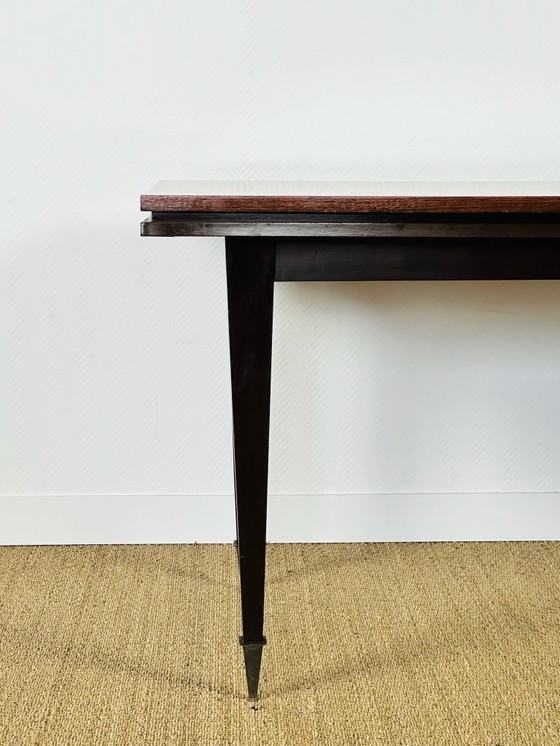 Image 1 of Table à manger art déco en marqueterie à chevrons vernie avec rallonges, 1940