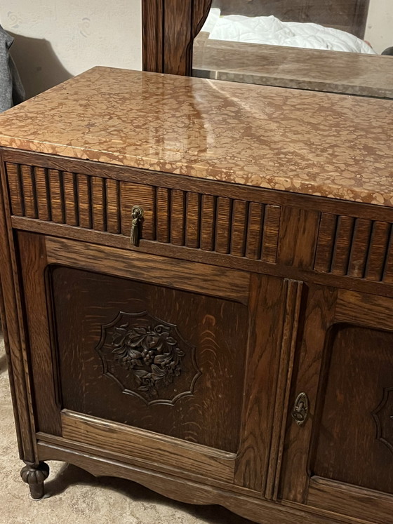 Image 1 of 4-piece bedroom furniture set with high-quality marble, all with the same wood detail.