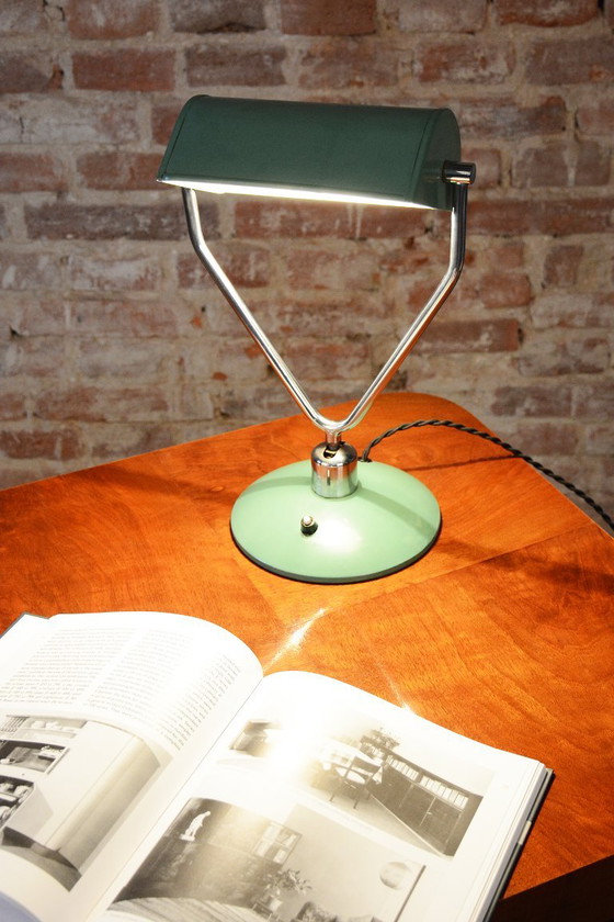 Original Mid-Century Table Lamp, by NAPAKO, Chrome-Plated Steel, Czech, 1950s, Metal, Green (photo 3 of 13)
