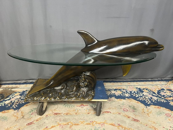 Tavolino da caffè Delfino con piano in vetro, Tavolini da caffè, Bronzo, Marrone, Hollywood Regency (foto 2 di 6)