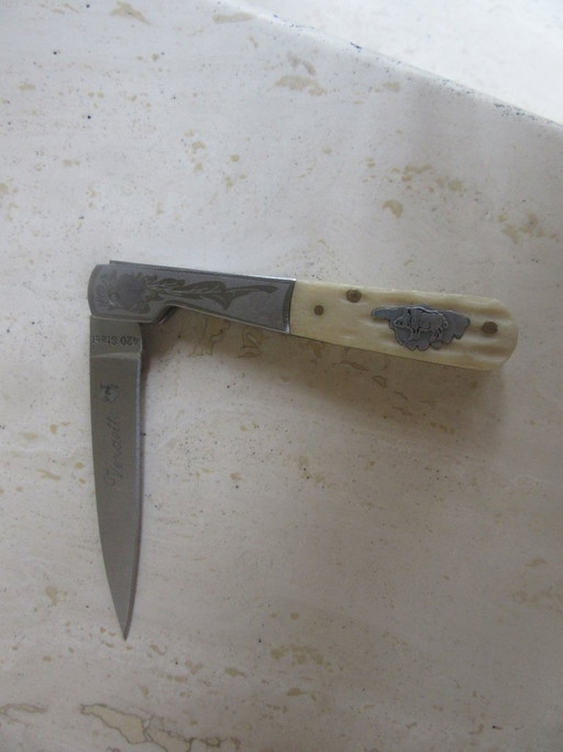 Vendetta Corsican Pocket Folding Knife A20 Steel & Bone, Moor's Head and wild boar symbols, vintage