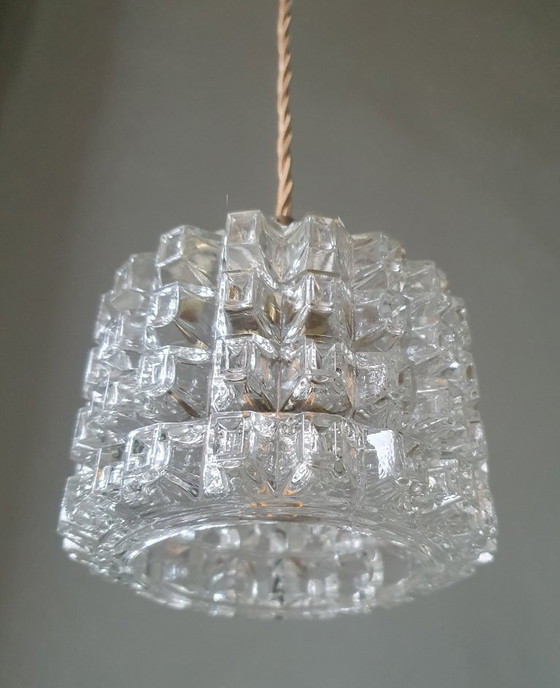 Image 1 of Mid-century vintage pendant lamp of thick, textured glass.
