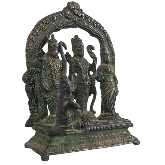 Bronze indien antique - Retable Ram Darbar (Rama, Sita, Lakshmana, Hanuman) – Sculptures (photo 2 of 9)