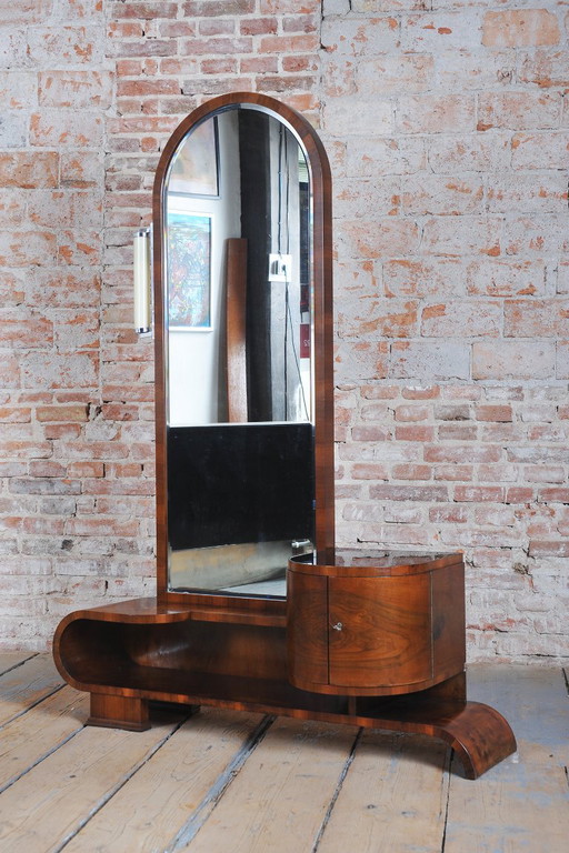 Restored Art Deco Dressing Mirror, Walnut, Revived Polish, Czech, 1930s – opbergkast, Glass, Wood