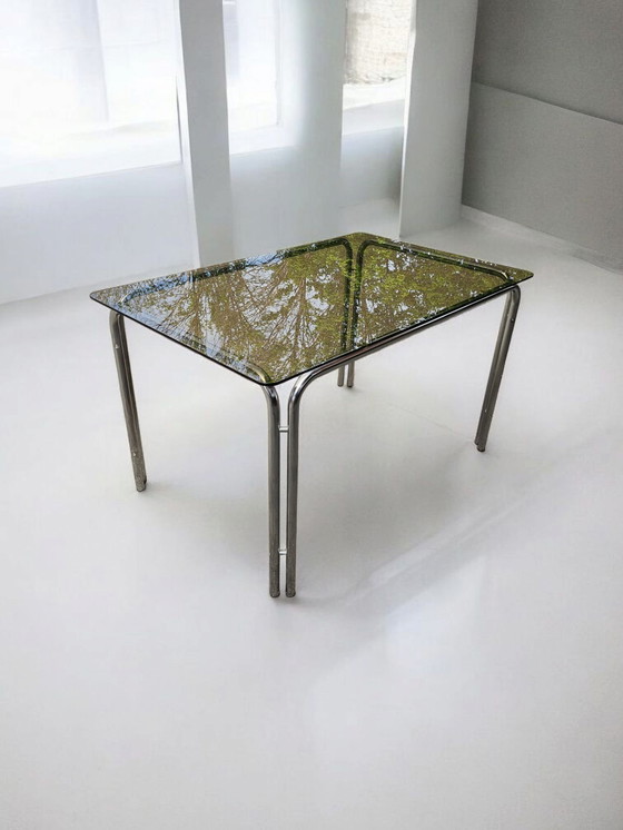Image 1 of Italian vintage chrome metal dining table smoked glass 1970s