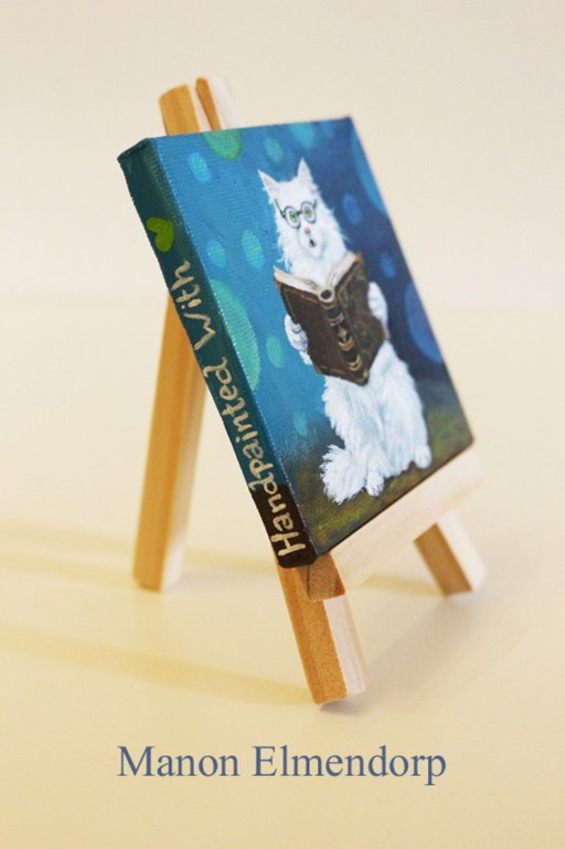 Unique Hand-Painted Small Cat Painting with Magic Book – schilderijen tekeningen, Wood, Canvas (photo 2 of 6)