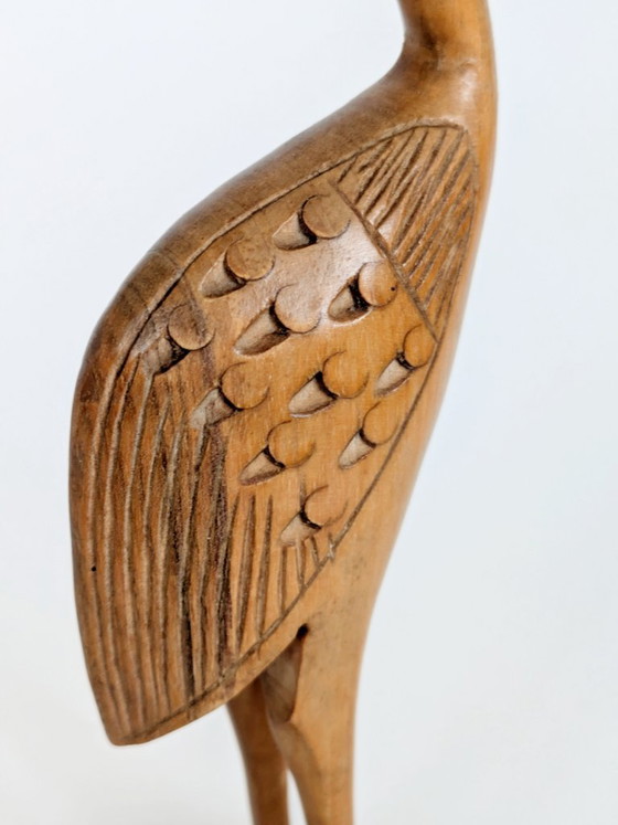 Image 1 of Midcentury Teak Wood Crane Sculpture, Hand Carved Bird, Scandinavian Modern Decor