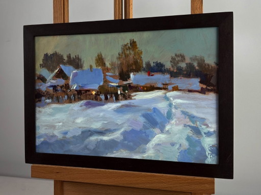 Original Oil Painting Winter Village Landscape Large snow drifts fell