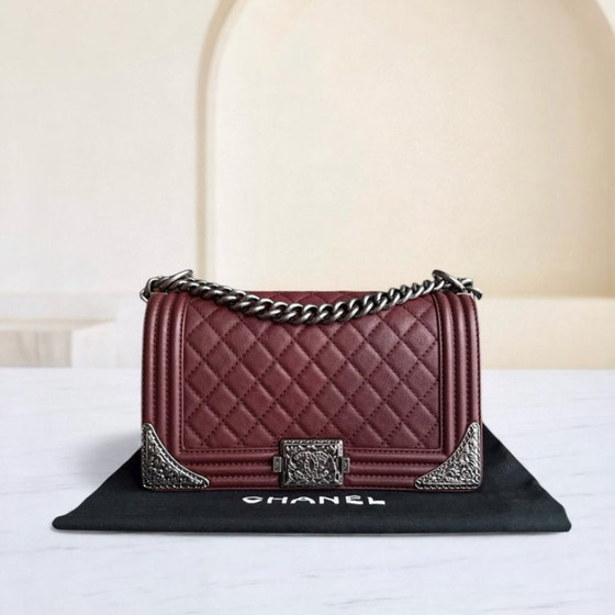 Image 1 of Chanel Boy Medium - 25CM Quilted Limited Edition Paris-Dallas Metal Edge Grained Calfskin Burgundy Silver Hardware Series 19