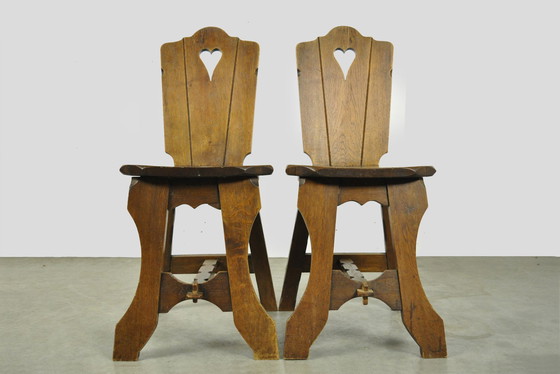 Image 1 of Vintage BRUTALIST oak handmade farmhouse dining chairs, 1930s Netherlands