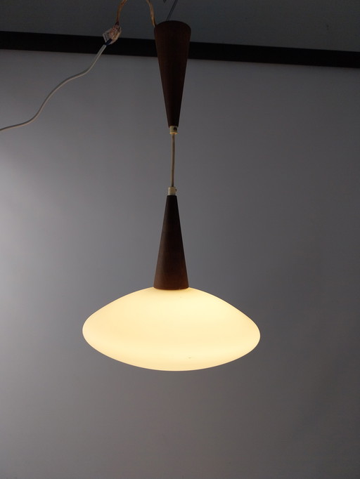 1 X Glas En Teakhout Hanglamp Louis Kalff Voor Philips 1960's